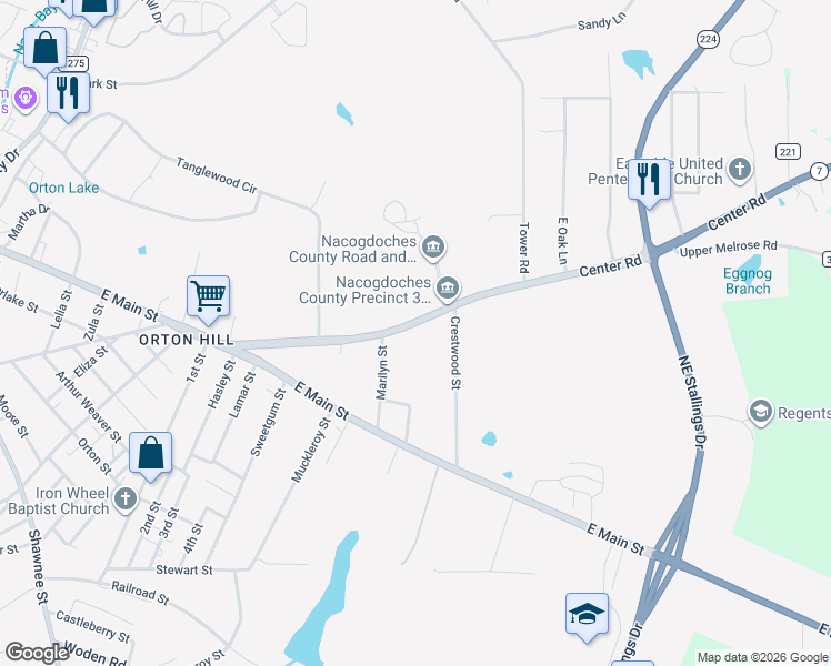 map of restaurants, bars, coffee shops, grocery stores, and more near 2512-2702 State Highway 7 in Nacogdoches