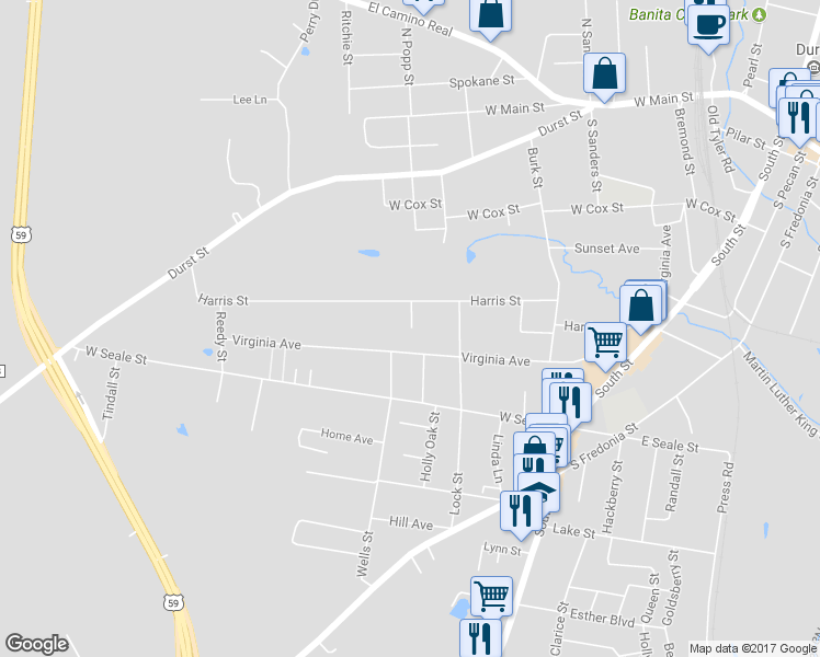 map of restaurants, bars, coffee shops, grocery stores, and more near 820 Ford in Nacogdoches