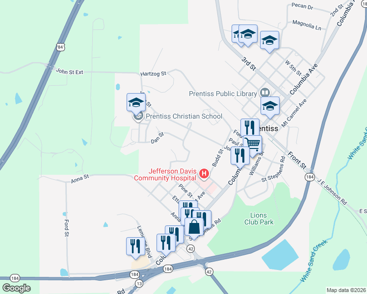 map of restaurants, bars, coffee shops, grocery stores, and more near Sebron Street in Prentiss