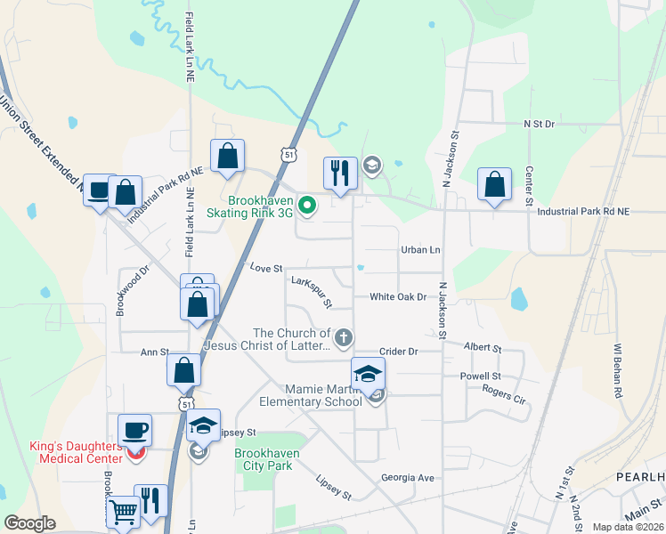 map of restaurants, bars, coffee shops, grocery stores, and more near 1216 Love Street in Brookhaven
