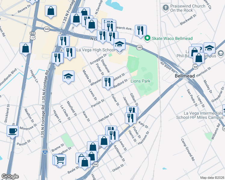 map of restaurants, bars, coffee shops, grocery stores, and more near 3611 Redbird Street in Waco