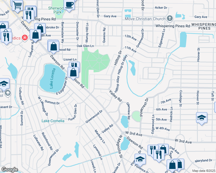 map of restaurants, bars, coffee shops, grocery stores, and more near 1201 Hilltop Drive in Albany
