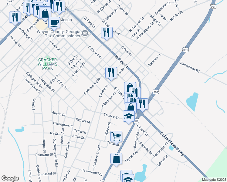 map of restaurants, bars, coffee shops, grocery stores, and more near 890 East Cherry Street in Jesup