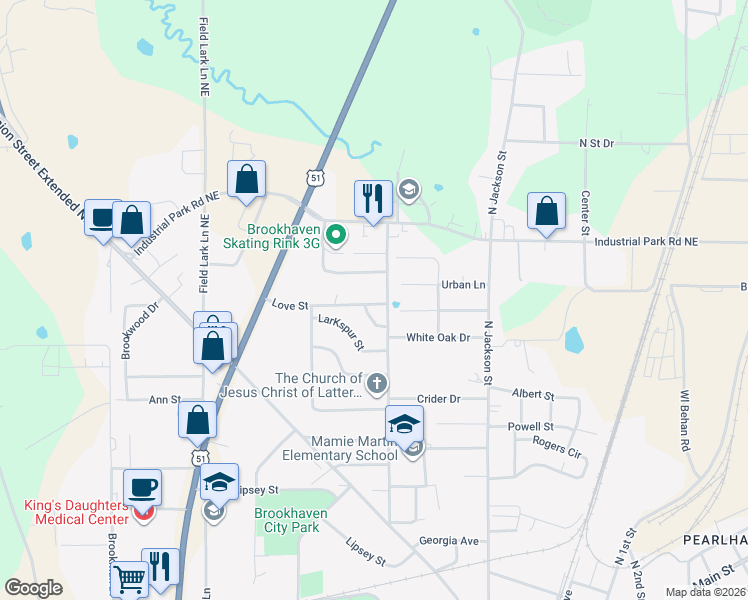 map of restaurants, bars, coffee shops, grocery stores, and more near 1200-1216 Love St in Brookhaven