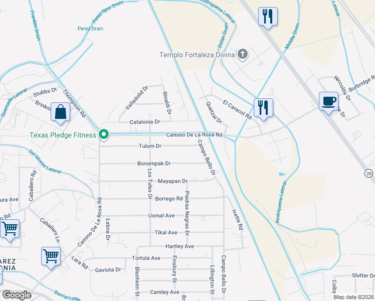 map of restaurants, bars, coffee shops, grocery stores, and more near 330 Tulum Drive in San Elizario