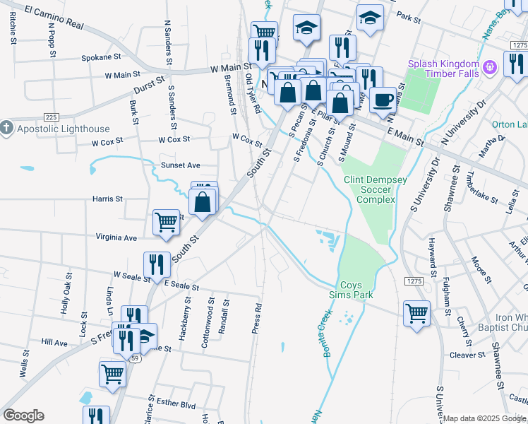 map of restaurants, bars, coffee shops, grocery stores, and more near 208 East Craven Street in Nacogdoches