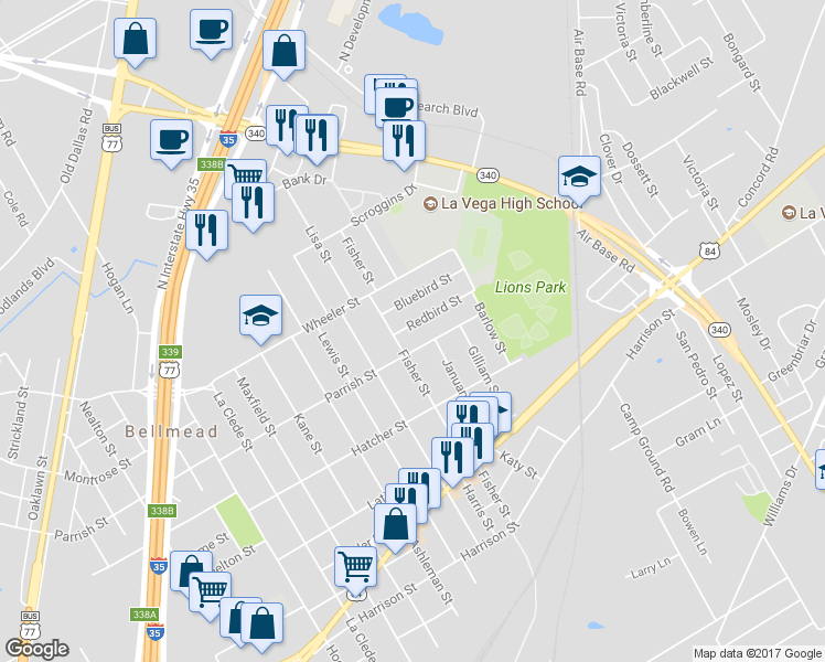 map of restaurants, bars, coffee shops, grocery stores, and more near 3611 Redbird Street in Waco