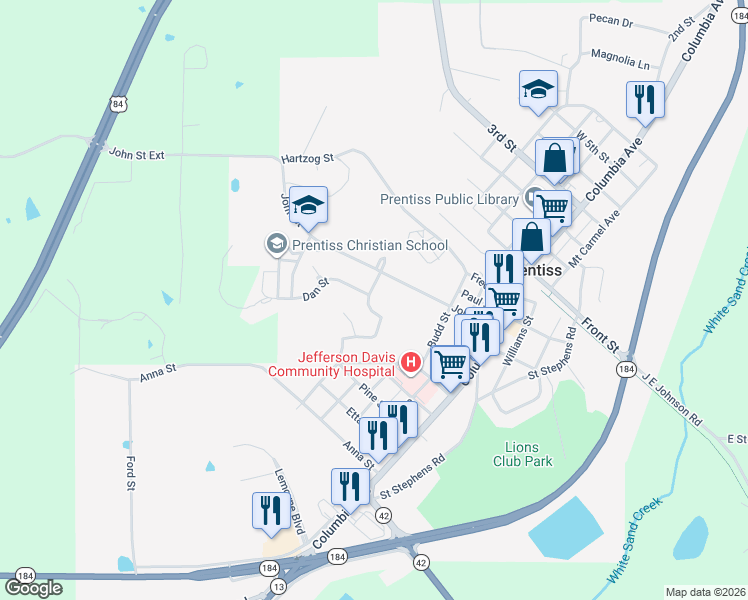 map of restaurants, bars, coffee shops, grocery stores, and more near Sebron Street in Prentiss