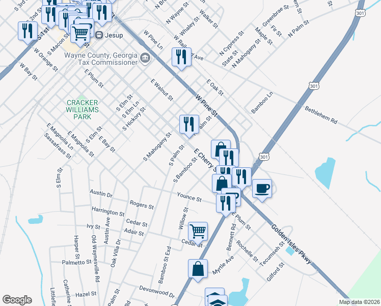 map of restaurants, bars, coffee shops, grocery stores, and more near 890 East Cherry Street in Jesup
