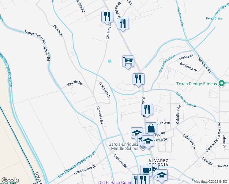 map of restaurants, bars, coffee shops, grocery stores, and more near 1585 Buckskin Road in San Elizario