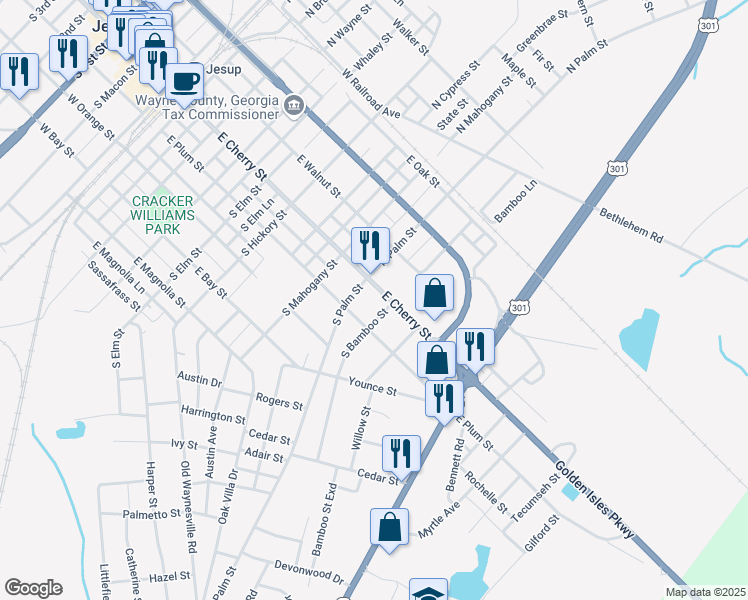 map of restaurants, bars, coffee shops, grocery stores, and more near 890 East Cherry Street in Jesup