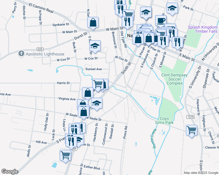 map of restaurants, bars, coffee shops, grocery stores, and more near 956 South Street in Nacogdoches