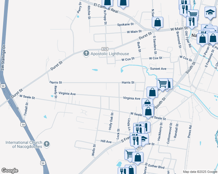 map of restaurants, bars, coffee shops, grocery stores, and more near 820 Ford in Nacogdoches