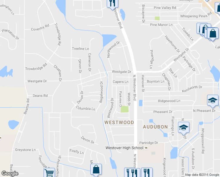 map of restaurants, bars, coffee shops, grocery stores, and more near 1543 Westwood Drive in Albany