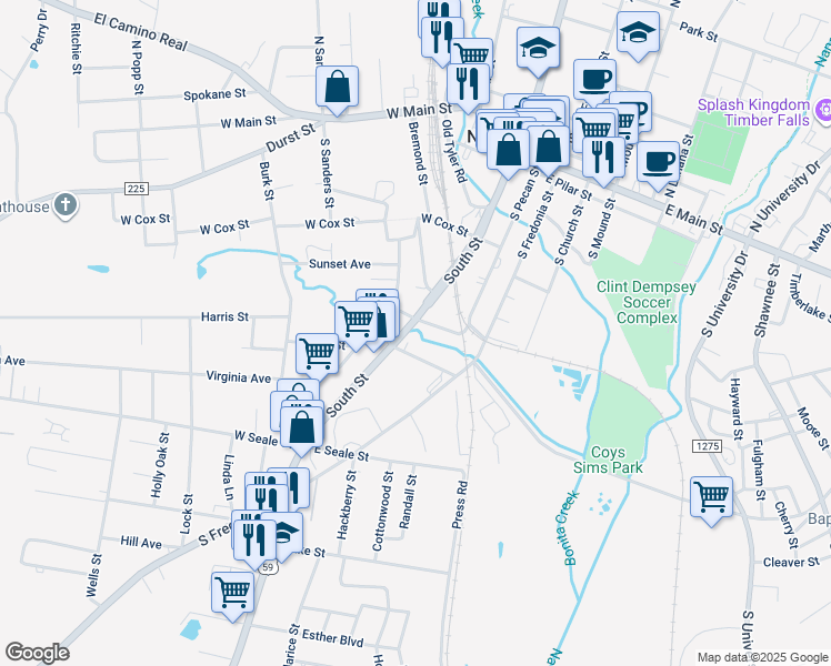 map of restaurants, bars, coffee shops, grocery stores, and more near 910 South Street in Nacogdoches