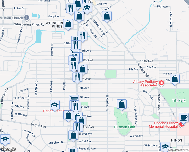 map of restaurants, bars, coffee shops, grocery stores, and more near 909 8th Avenue in Albany