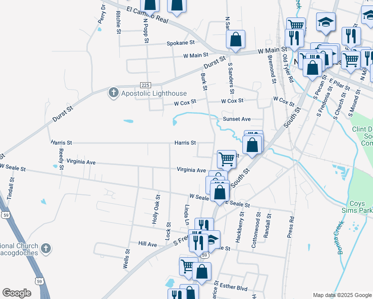 map of restaurants, bars, coffee shops, grocery stores, and more near 605 Harris Street in Nacogdoches