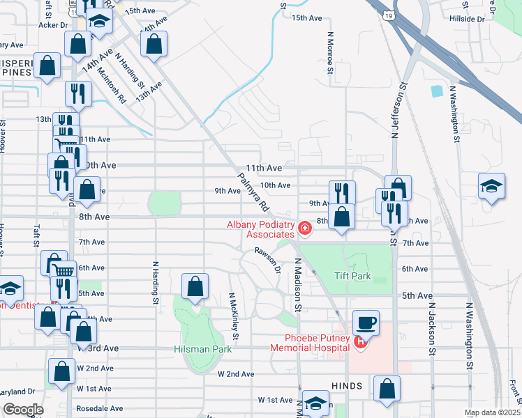 map of restaurants, bars, coffee shops, grocery stores, and more near 615 8th Avenue in Albany