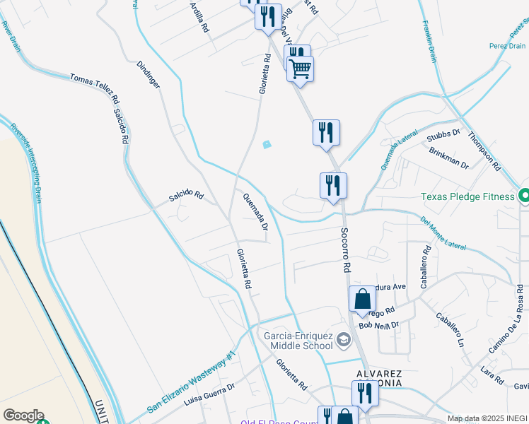 map of restaurants, bars, coffee shops, grocery stores, and more near 1585 Buckskin Road in San Elizario