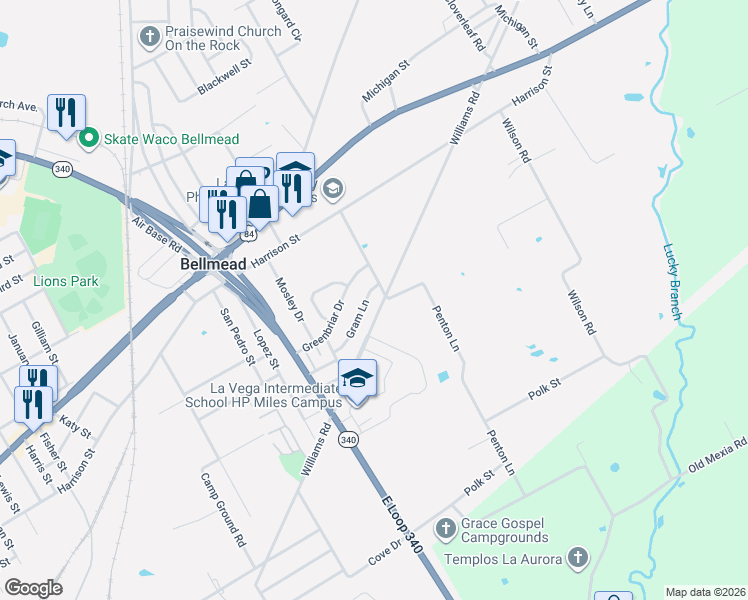 map of restaurants, bars, coffee shops, grocery stores, and more near 4320 Gram Lane in Waco