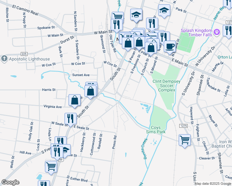 map of restaurants, bars, coffee shops, grocery stores, and more near 208 East Craven Street in Nacogdoches