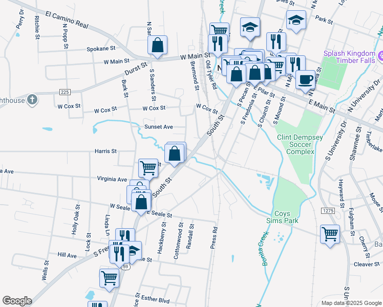map of restaurants, bars, coffee shops, grocery stores, and more near 910 South Street in Nacogdoches