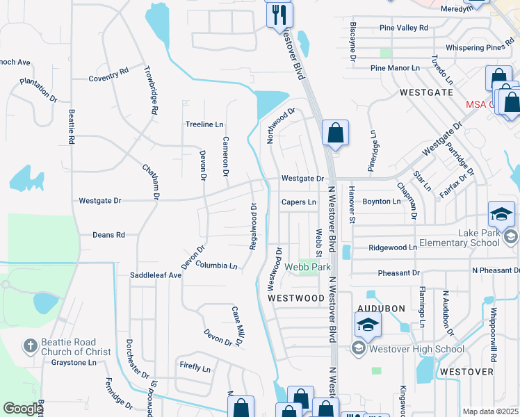 map of restaurants, bars, coffee shops, grocery stores, and more near 1543 Westwood Drive in Albany
