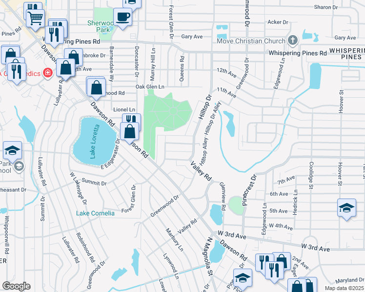 map of restaurants, bars, coffee shops, grocery stores, and more near 1201 Hilltop Drive in Albany