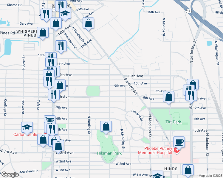 map of restaurants, bars, coffee shops, grocery stores, and more near 1508 North Van Buren Street in Albany