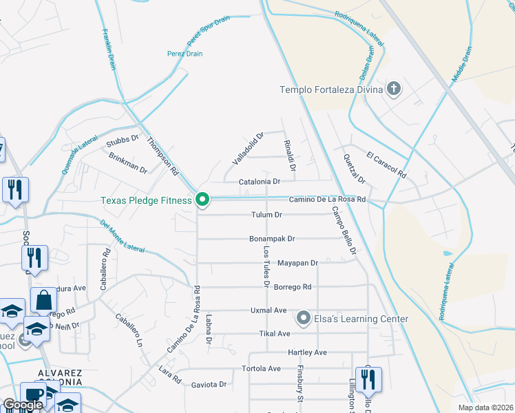 map of restaurants, bars, coffee shops, grocery stores, and more near 524 Tulum Drive in San Elizario