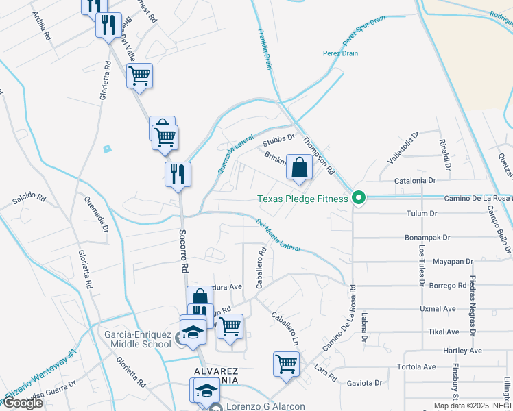 map of restaurants, bars, coffee shops, grocery stores, and more near 12473 Cuatro Aces Circle in San Elizario