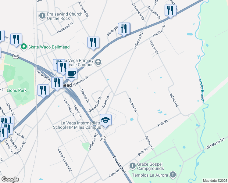 map of restaurants, bars, coffee shops, grocery stores, and more near 706 Penton Lane in Waco
