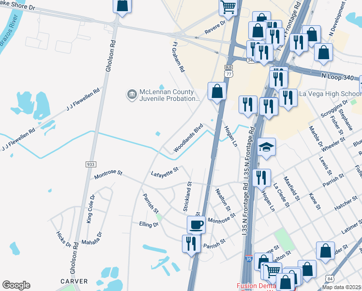 map of restaurants, bars, coffee shops, grocery stores, and more near 227 Woodlands Boulevard in Bellmead