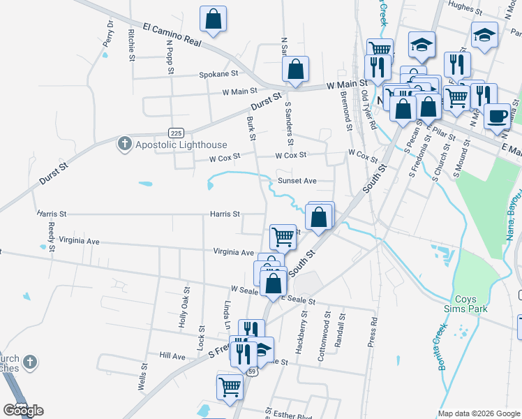 map of restaurants, bars, coffee shops, grocery stores, and more near 611 Burk Street in Nacogdoches