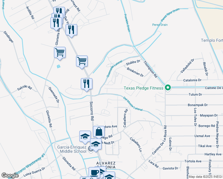 map of restaurants, bars, coffee shops, grocery stores, and more near 12473 Cuatro Aces Circle in San Elizario