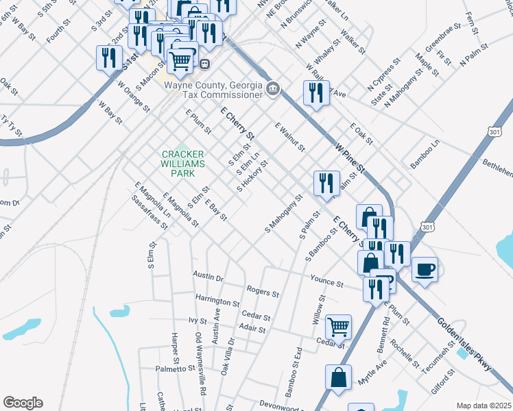 map of restaurants, bars, coffee shops, grocery stores, and more near 642 East Plum Street in Jesup