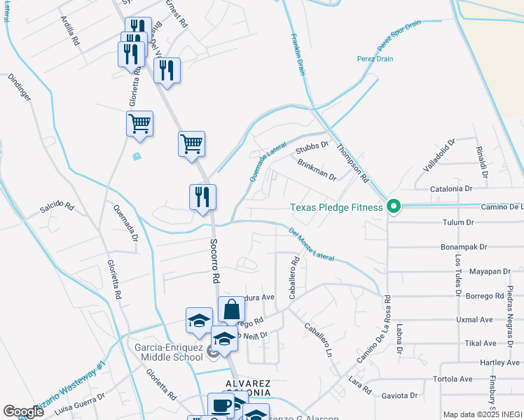 map of restaurants, bars, coffee shops, grocery stores, and more near 12750 Mi Acre Drive in San Elizario