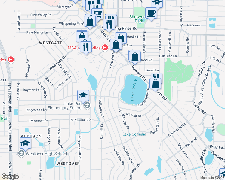 map of restaurants, bars, coffee shops, grocery stores, and more near 2111 Robinhood Road in Albany