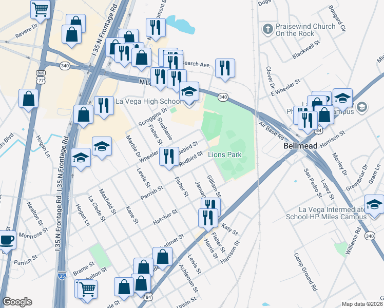 map of restaurants, bars, coffee shops, grocery stores, and more near 3626 Redbird Street in Waco