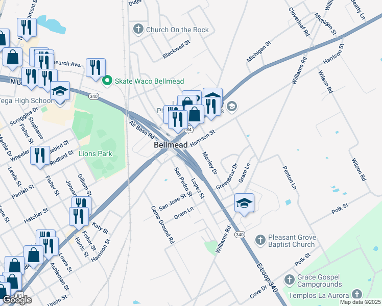 map of restaurants, bars, coffee shops, grocery stores, and more near 4207 Harrison Street in Waco