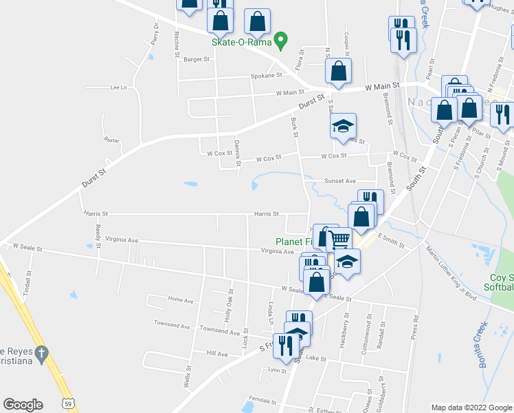 map of restaurants, bars, coffee shops, grocery stores, and more near 622 Harris Street in Nacogdoches