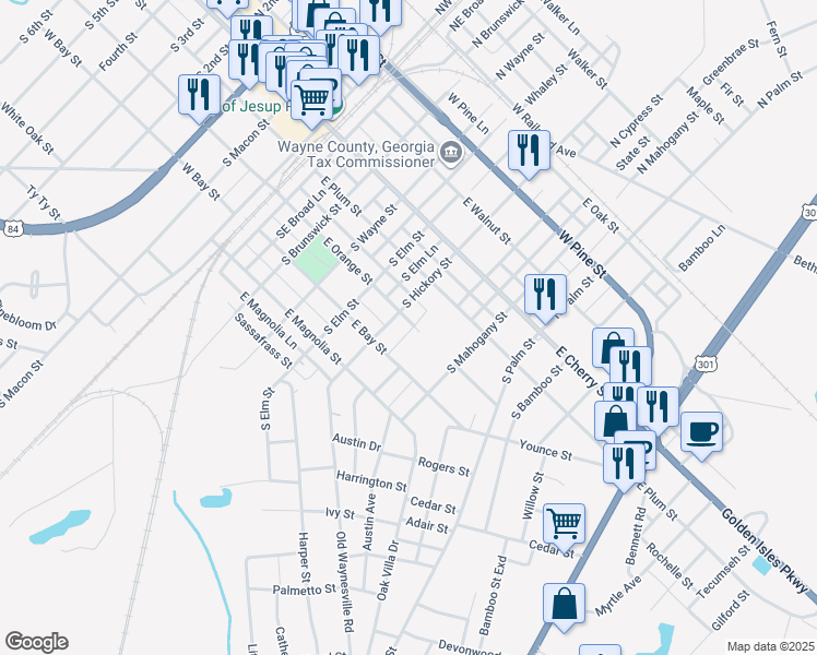 map of restaurants, bars, coffee shops, grocery stores, and more near 642 East Plum Street in Jesup