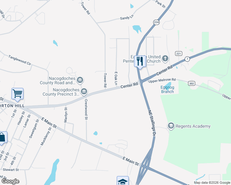 map of restaurants, bars, coffee shops, grocery stores, and more near 3122 Center Road in Nacogdoches
