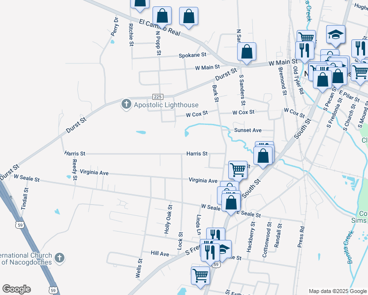 map of restaurants, bars, coffee shops, grocery stores, and more near 622 Harris Street in Nacogdoches