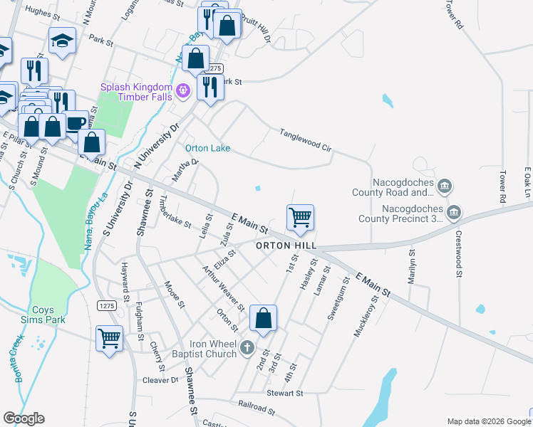 map of restaurants, bars, coffee shops, grocery stores, and more near 222 East Austin Street in Nacogdoches