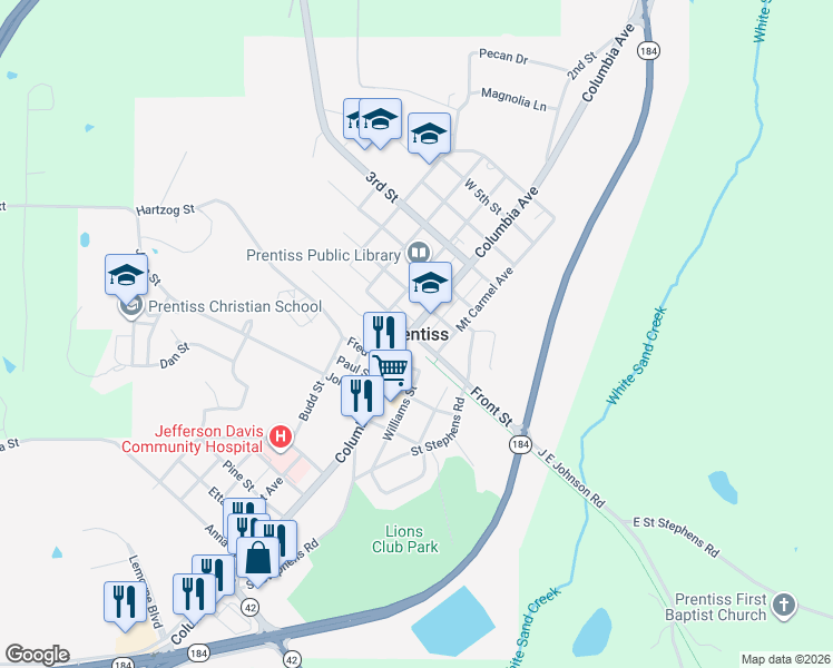 map of restaurants, bars, coffee shops, grocery stores, and more near in Prentiss