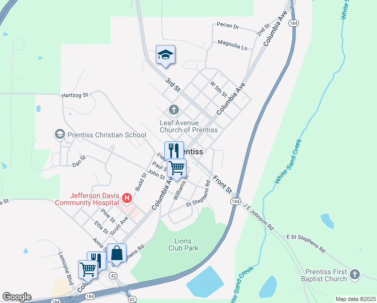 map of restaurants, bars, coffee shops, grocery stores, and more near in Prentiss
