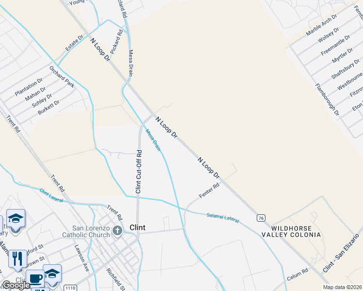 map of restaurants, bars, coffee shops, grocery stores, and more near 12836 Farm to Market Road 76 in Clint