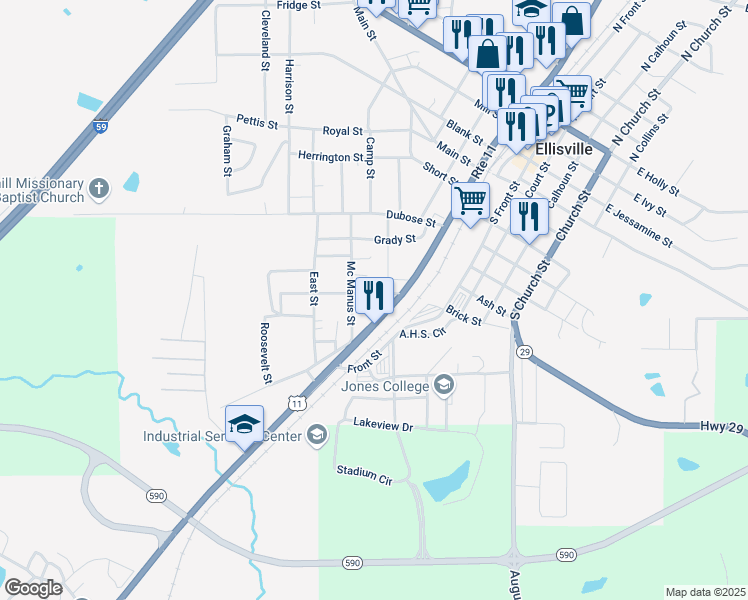 map of restaurants, bars, coffee shops, grocery stores, and more near 805 U.S. 11 in Ellisville