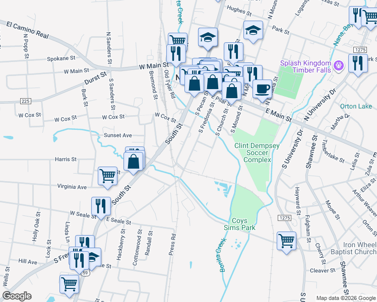 map of restaurants, bars, coffee shops, grocery stores, and more near 620 South Pecan Street in Nacogdoches